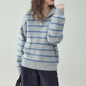 stylish half open collar striped wool sweater