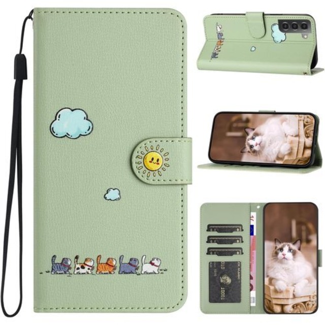 Galaxy S21/S30ケース 手帳型 doo SC-51B 財布型ケース au SCG09携帯 手帳ケース かわいい アニメ猫 ネコ薄型軽量 耐衝撃PUレザー素材 縄掛け カード収納 サムスン ギャラクシー S21 カバー 多機能 磁気ボタン 横置きスタンド機能 人気本革調カバー 汚れ防止 Galaxy S30スマホケース 全面保護 グリーン Galaxy S21 2573