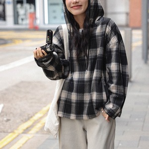 check drawstring hoodie　J00400