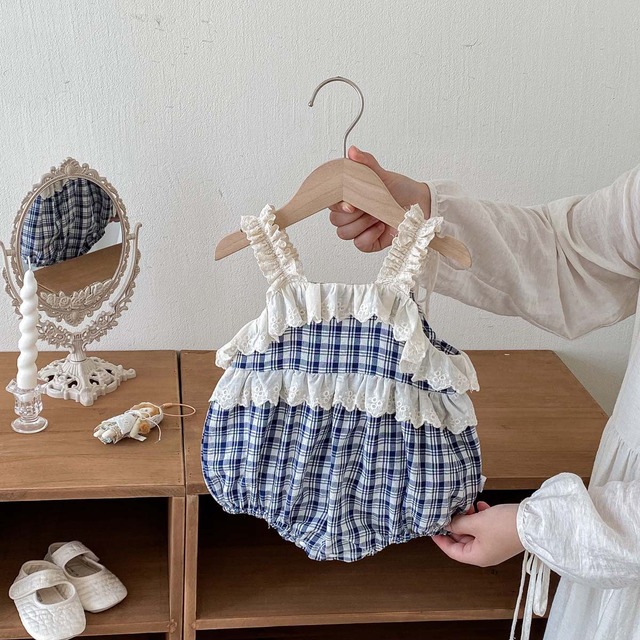【BABY】フリルレースチェックストライプロンパース - 7