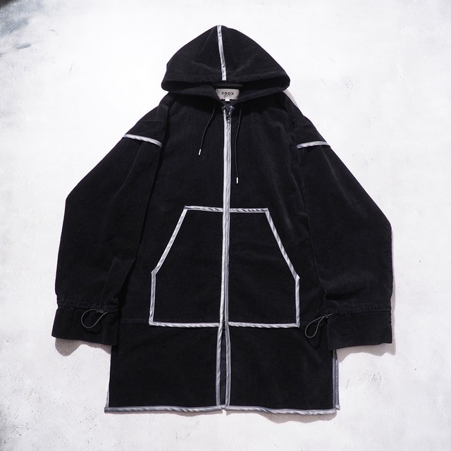 " PRDX " Black Corduroy × Piping Line Embbossed Hoodie coat