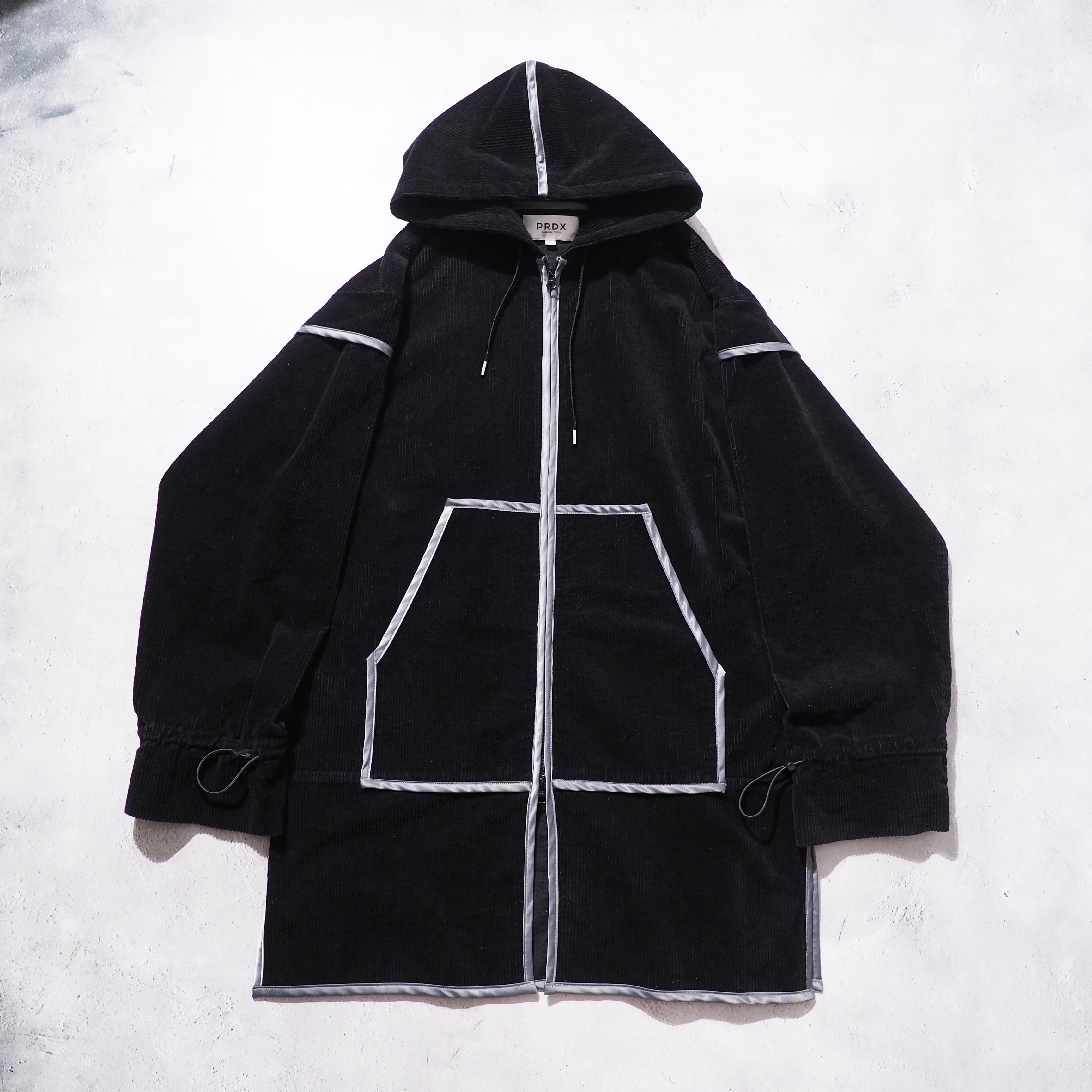 " PRDX " Black Corduroy × Piping Line Embbossed Hoodie coat
