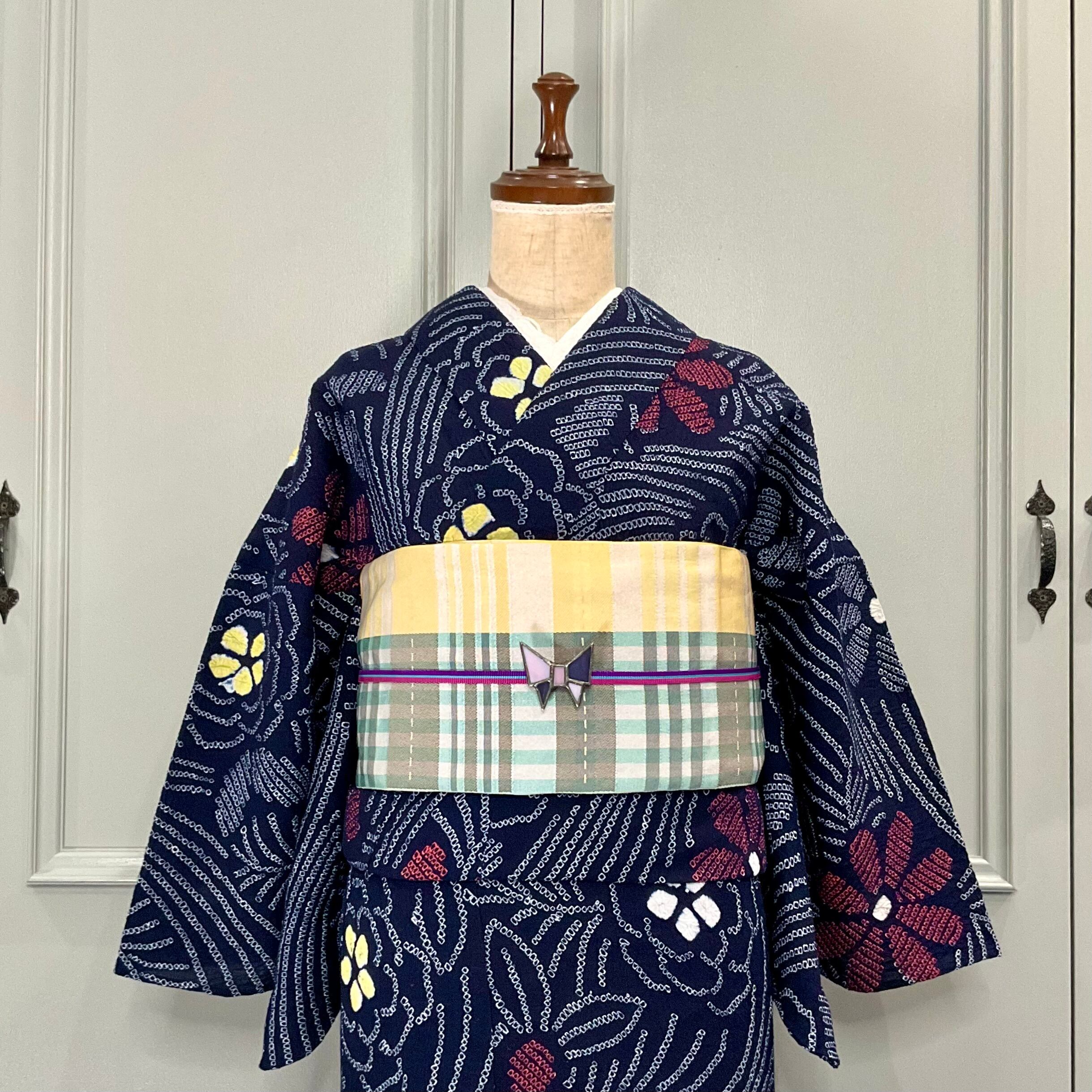long＊夜風の花＊総絞り レトロ 花 フラワー 濃紺 紺 ネイビー レッド