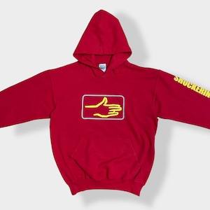 【GILDAN】メキシコ製 HEAVYWEIGHT プリント パーカー 袖ロゴ プルオーバー スウェット フーディー hoodie M 赤 ヘビーウェイト us古着