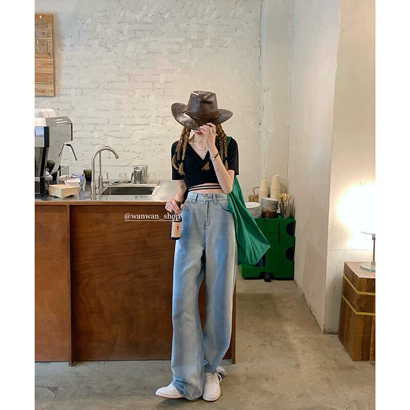 ジーンズ カラー薄手ルーズサマーハイウェストスリムパンツ 夏物 ブラックストロベリース29174636227