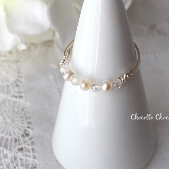 淡水パールとジルコン シルバー ワイヤーリング｜繊細な細身の指輪