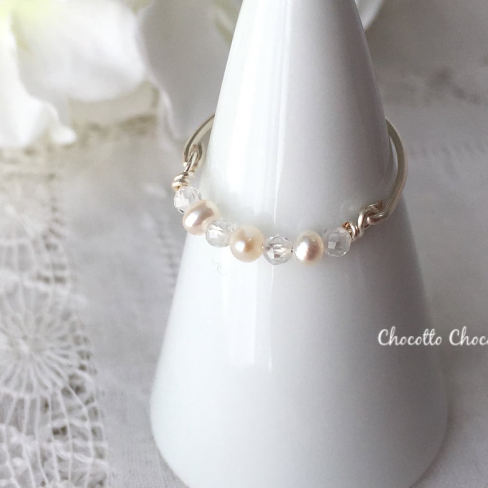 淡水パールとジルコン シルバー ワイヤーリング|繊細な細身の指輪