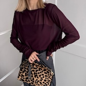 crew neck tulle sheer short tops/burgundy