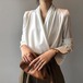 ブラウス レディース 長袖 シフォン オフィス カシュクール 白ブラウス トップス 白 ホワイト グリーン 無地 シンプル M L ショート丈 カシュクールブラウス フォーマル ドレープ Vネック お