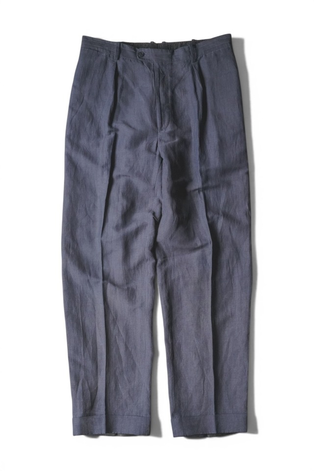 00’s "ARNYS PARIS" Dark-Navy Color Silk Linen 1-Tack Turn-Up Slacks Made in FRANCE — "AUSTIN" Model Tailored by "BERNARD ZINS"