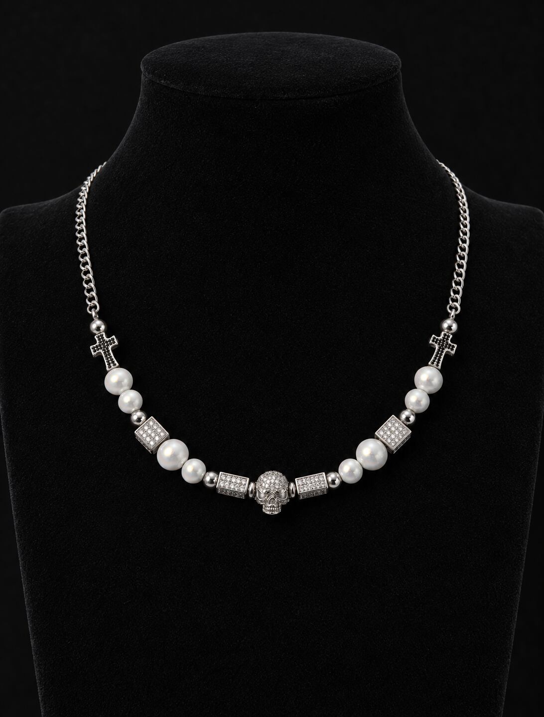 Skull Pearl Chain Necklace -Silver-