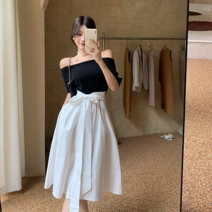 サマーブラックホワイトドレス レース 夏物 レースアップ ステッチ ドラファッションホール55580284682