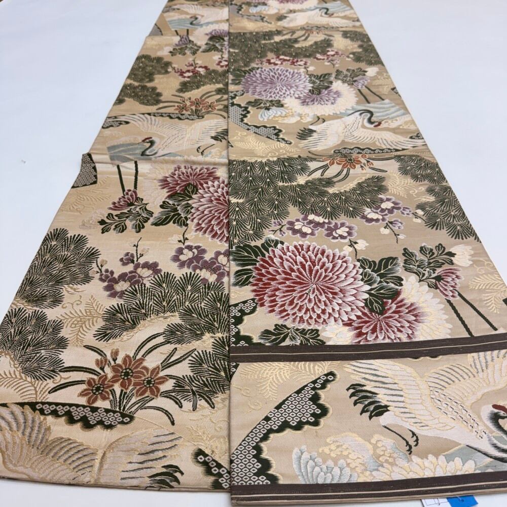 中古 丸帯 正絹 草花 全通柄 ベージュ Bランク 386cm 6266