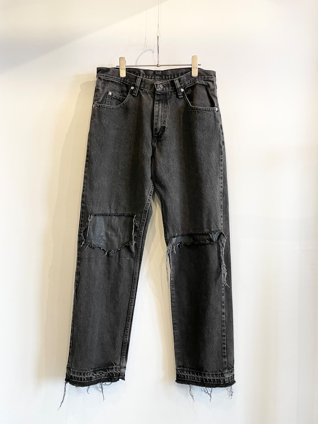 TrAnsference washable leather patch denim pants - black