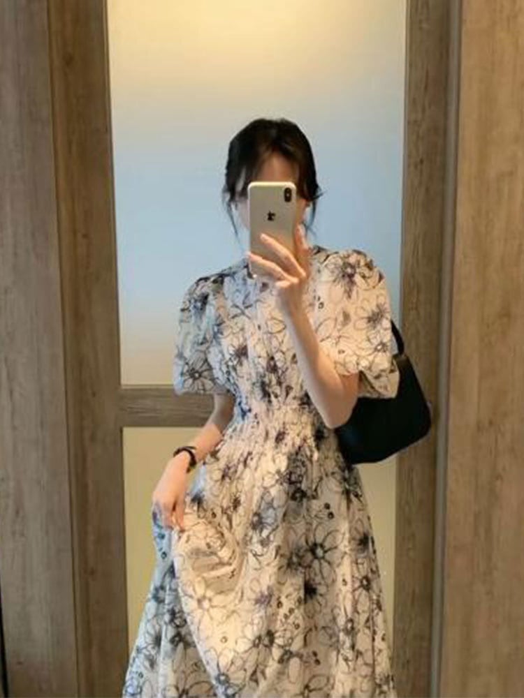 韓国 服 レディース ワンピース 花柄 青 ロングワンピース ベージュ ドレス