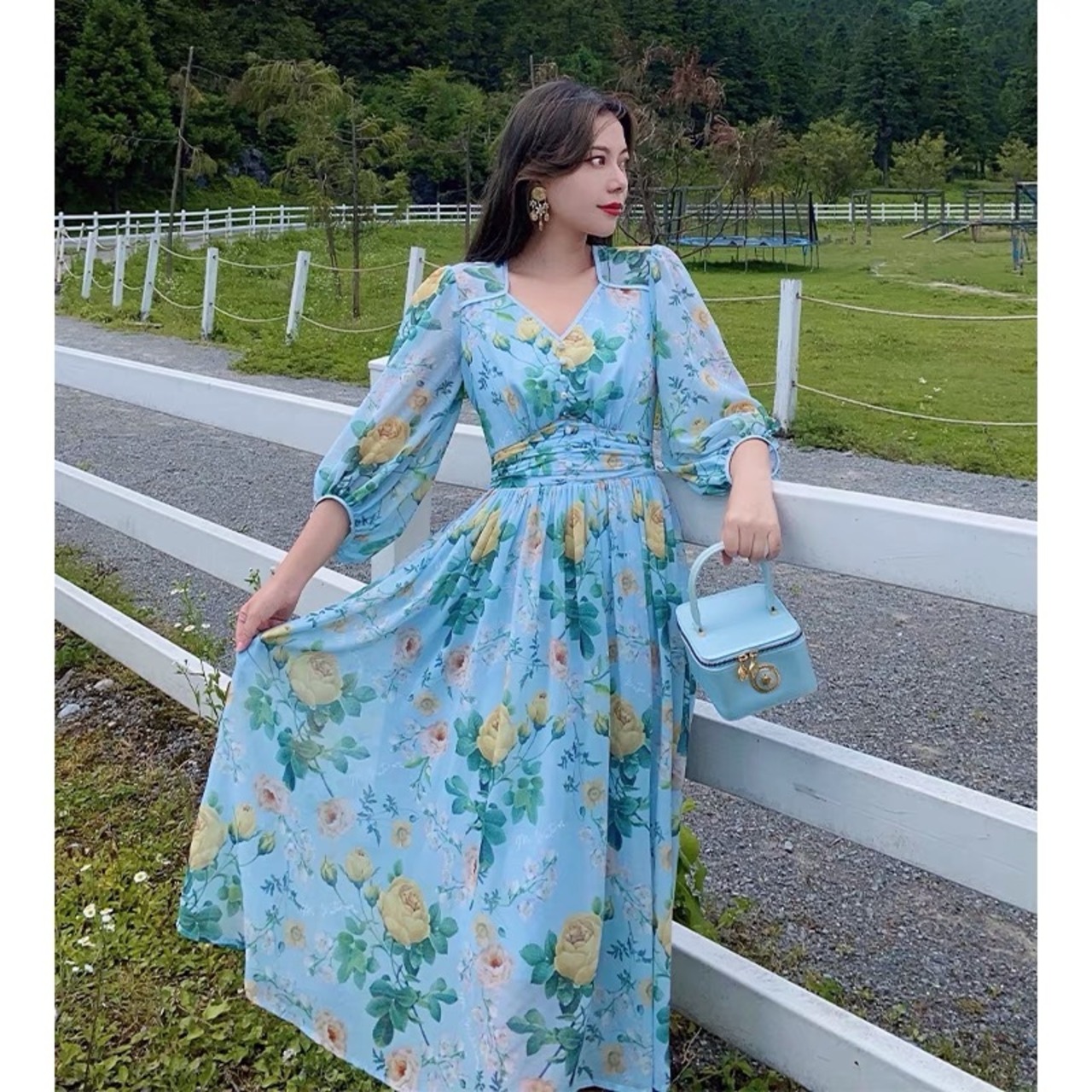 水色 黄色 薔薇 ローズ ワンピース エレガント お嬢様 | LOVEYsmileSHOP
