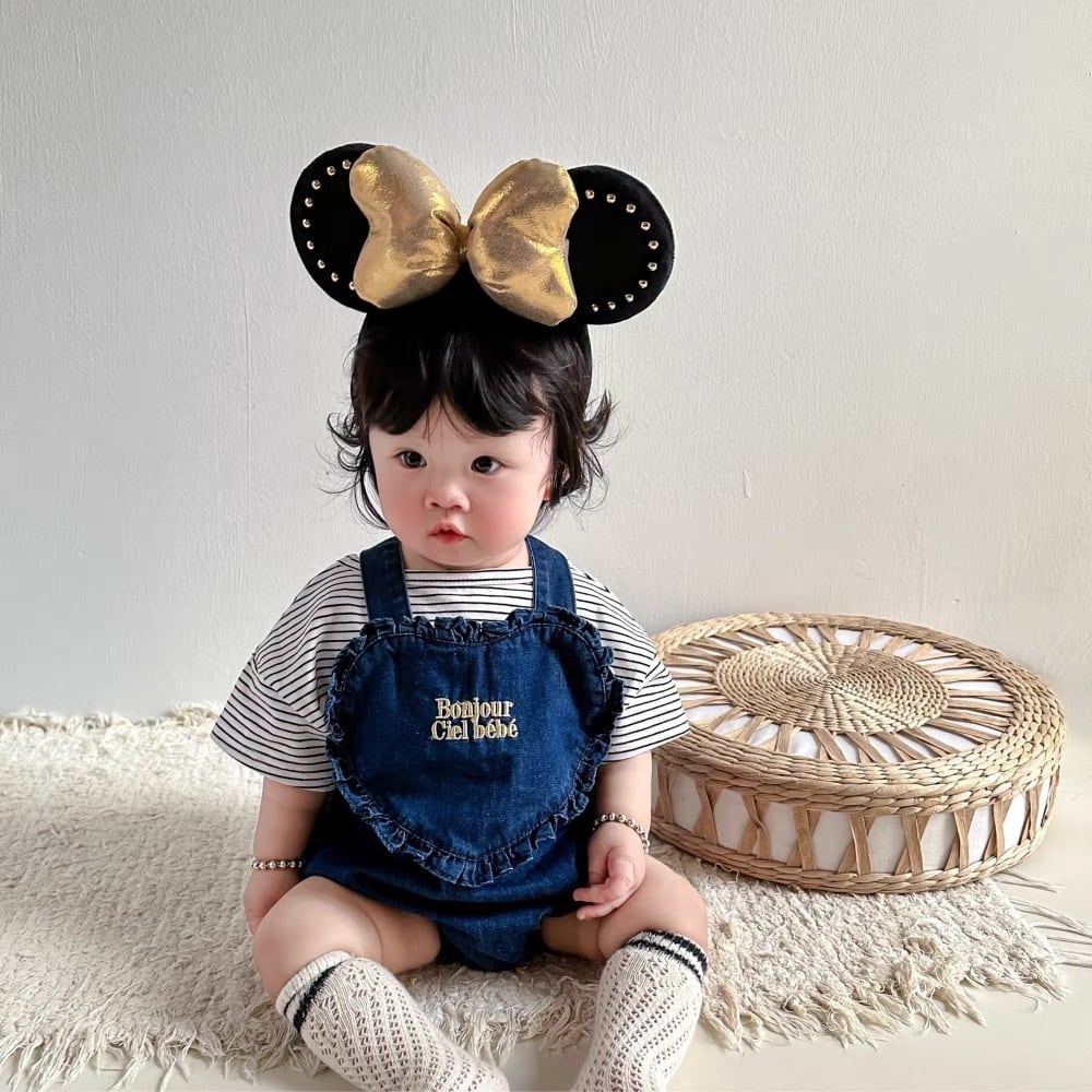 ベビー女の子フリルハートデニムサロペットロンパース 100％綿 春夏  