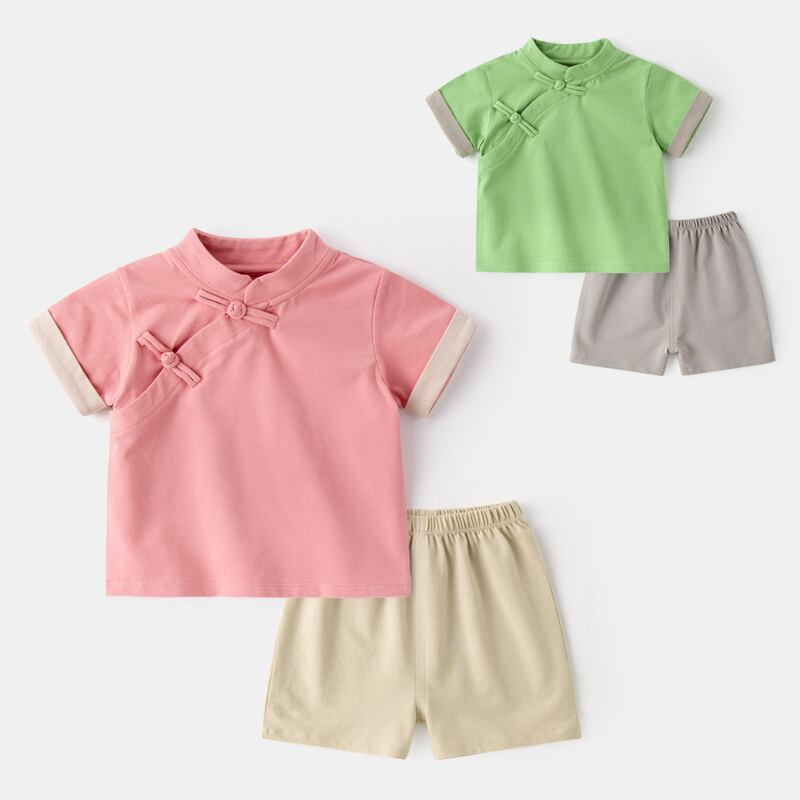 ベビー唐スーツ夏の赤ん坊の中国風のスーツの半袖の薄い男性の綿のハンフの夏のドレスの女性のエングスタイルの新しいトレンド Duduベイビー82502305511