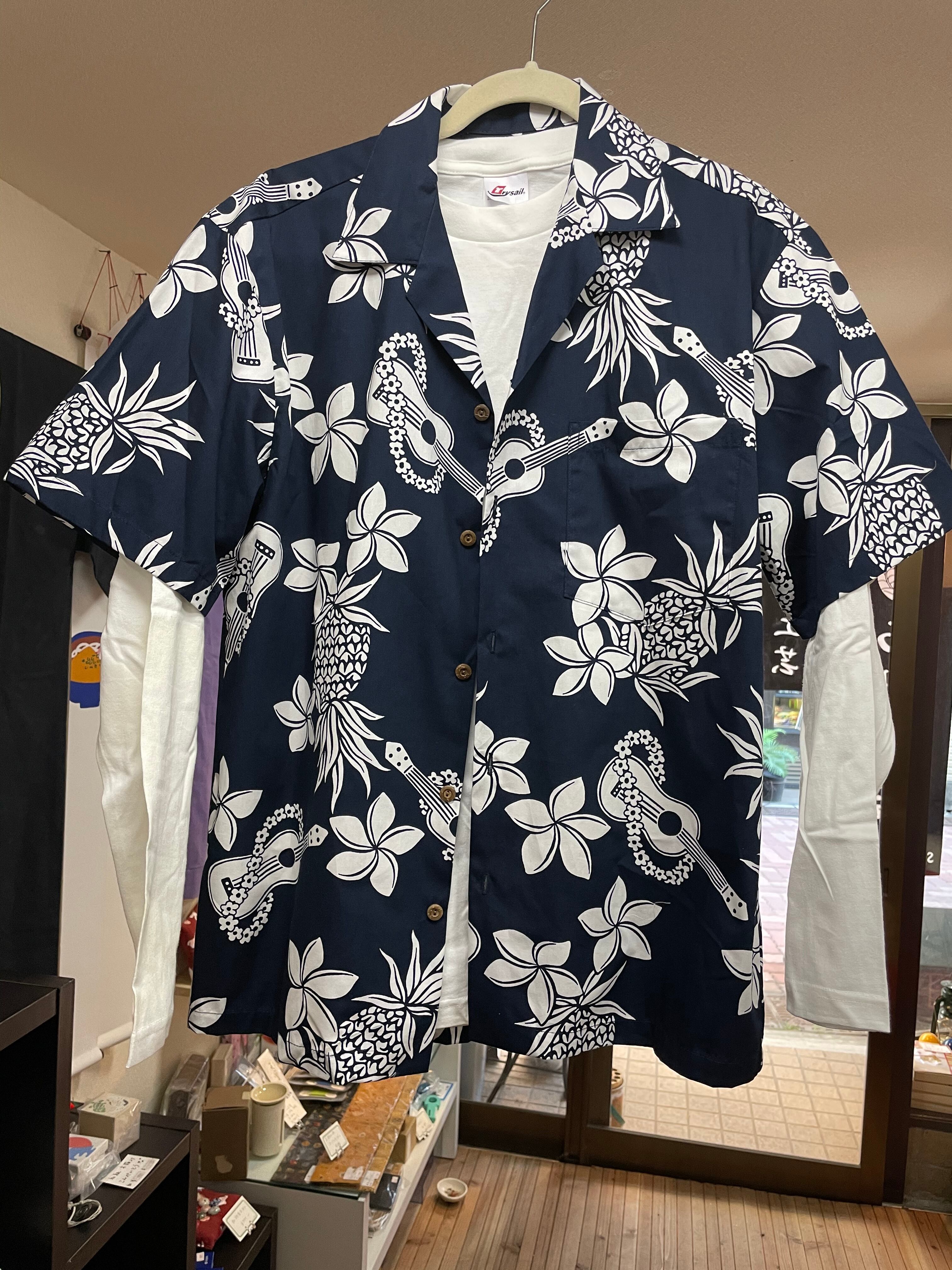 アロハシャツ コットン ハワイ製 Two Palms ウクレレ 紺 | 西村商店