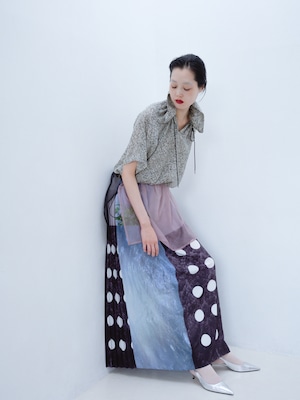 【予約】ritsuko karita Collage print pleats skirt〔rich〕/Black・Red