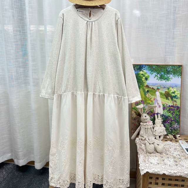 コットン裾刺繍の切り替えワンピ ・12112