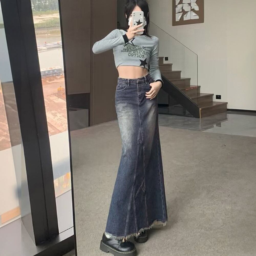 デニム スカート ロング レディース 韓国 マーメイドスカート ブリーチ加工 おしゃれ きれいめ 大人 カジュアル ハイウエスト ヴィンテージ レトロ 美ライン ロングスカート 大人可愛い 大人女子