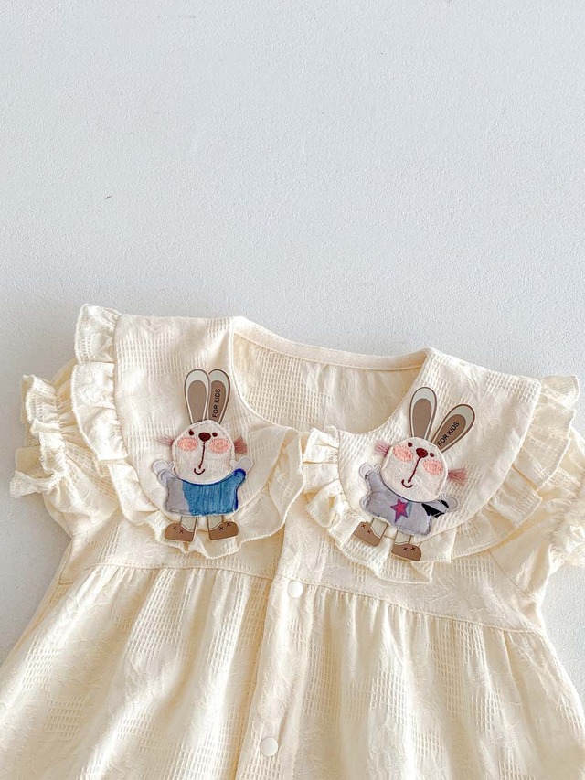 【BABY】うさぎ刺繍レースフリル襟半袖ロンパース - 9