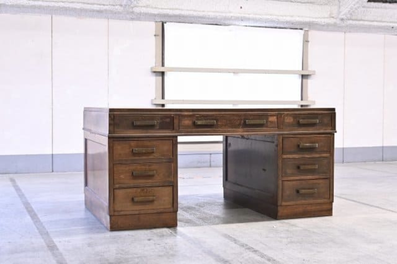 ビンテージ 両袖デスク 机 昭和レトロ 作業台 アンティーク調 古道具 クラシック 引き出し 書斎 オフィス【中古家具/中古インテリア/USED家具ユーズド家具/リサイクル】