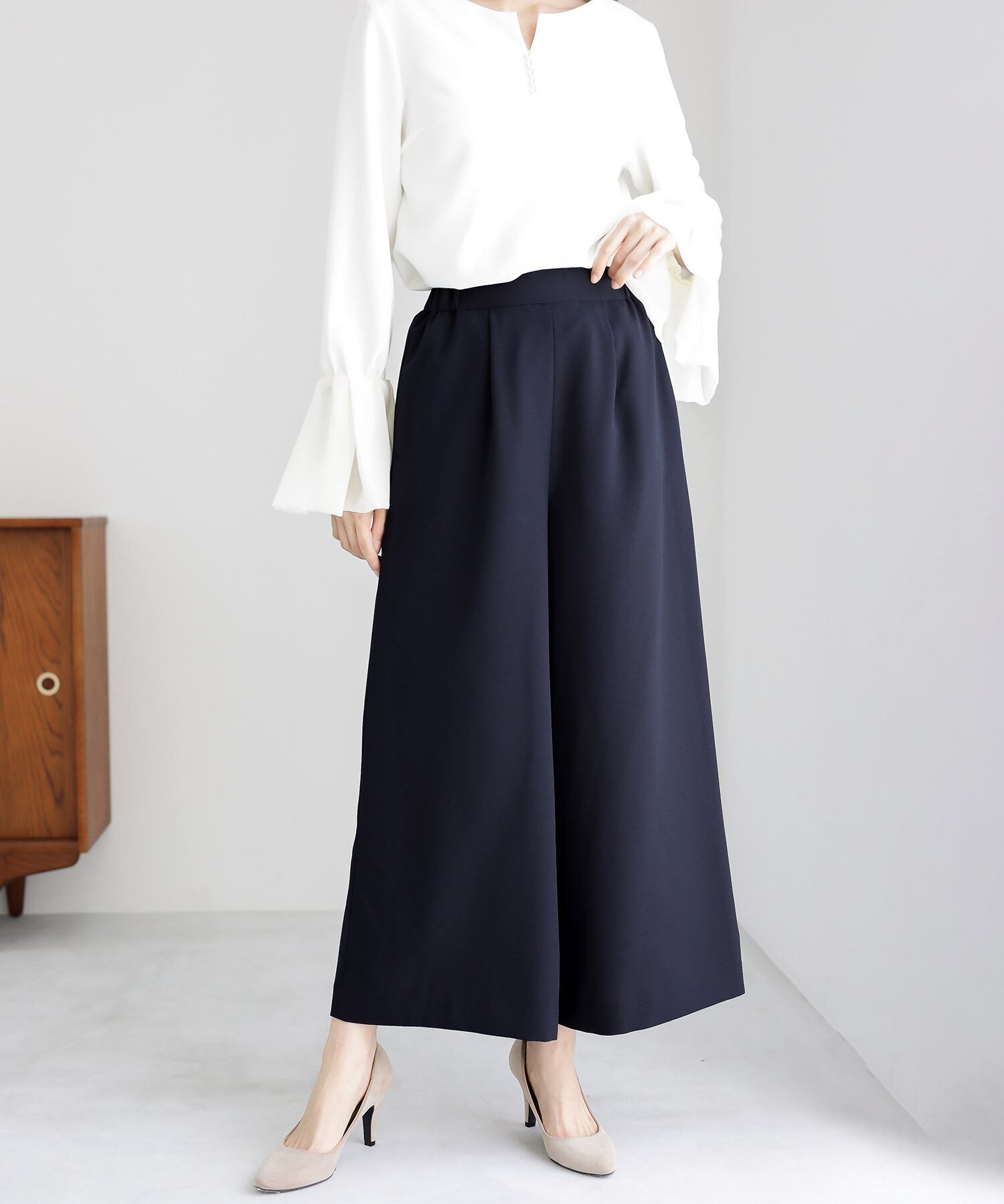 ネイビー　紺　フリルノーカラージャケット　ワイドパンツ　2点セット　大きいサイズ 最強配送】喪服・礼服【洗える×ストレッチ×防シワ】フリルノーカラー