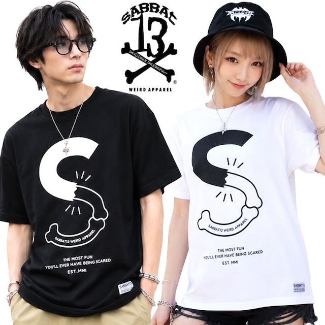 【30%OFF SALE】SABBAT13 / サバトサーティーン / サバト13「S-BONE T」半袖Ｔシャツ 黒 ブラック 白 ホワイト クルーネック スカル ドクロ メンズ レディース バックプリント スケーターファッション パンク ロック PUNK ROCK バンド フェス ギフト無料 ステージ衣装 Rogia