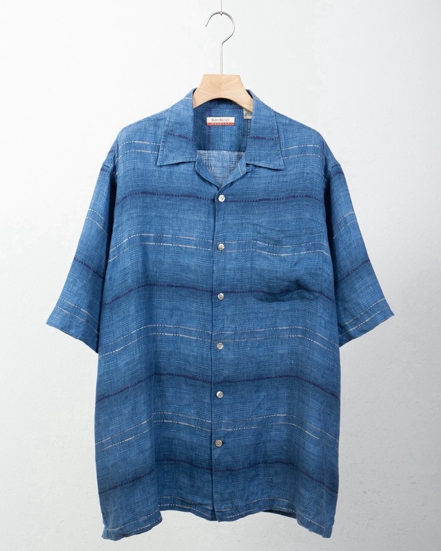 "BARRY BRICKEN" weave designed open collar all linen short sleeve shirt