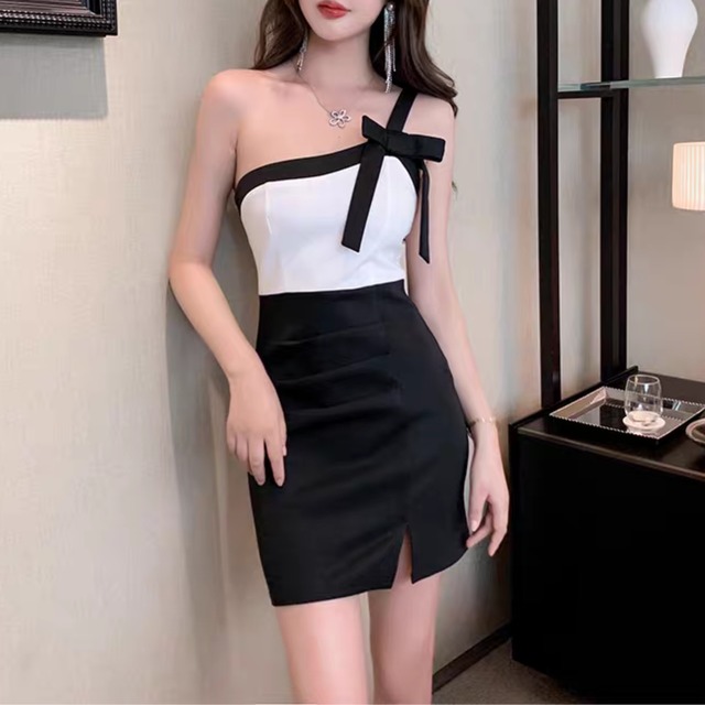 リボンアシンメトリーミニドレス◇MD0217