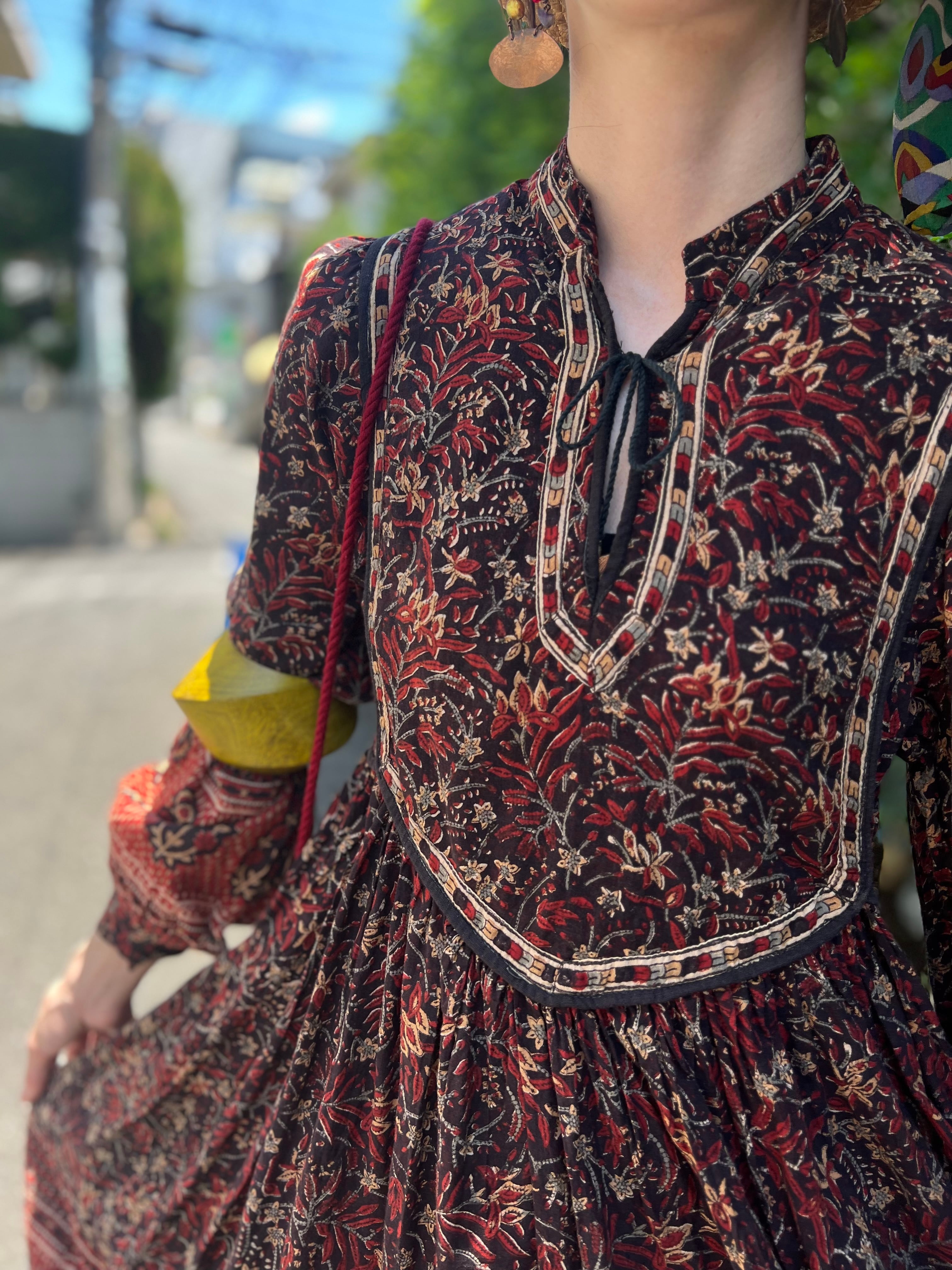 70s indian cotton brown dress ( ヴィンテージ インドコットン  