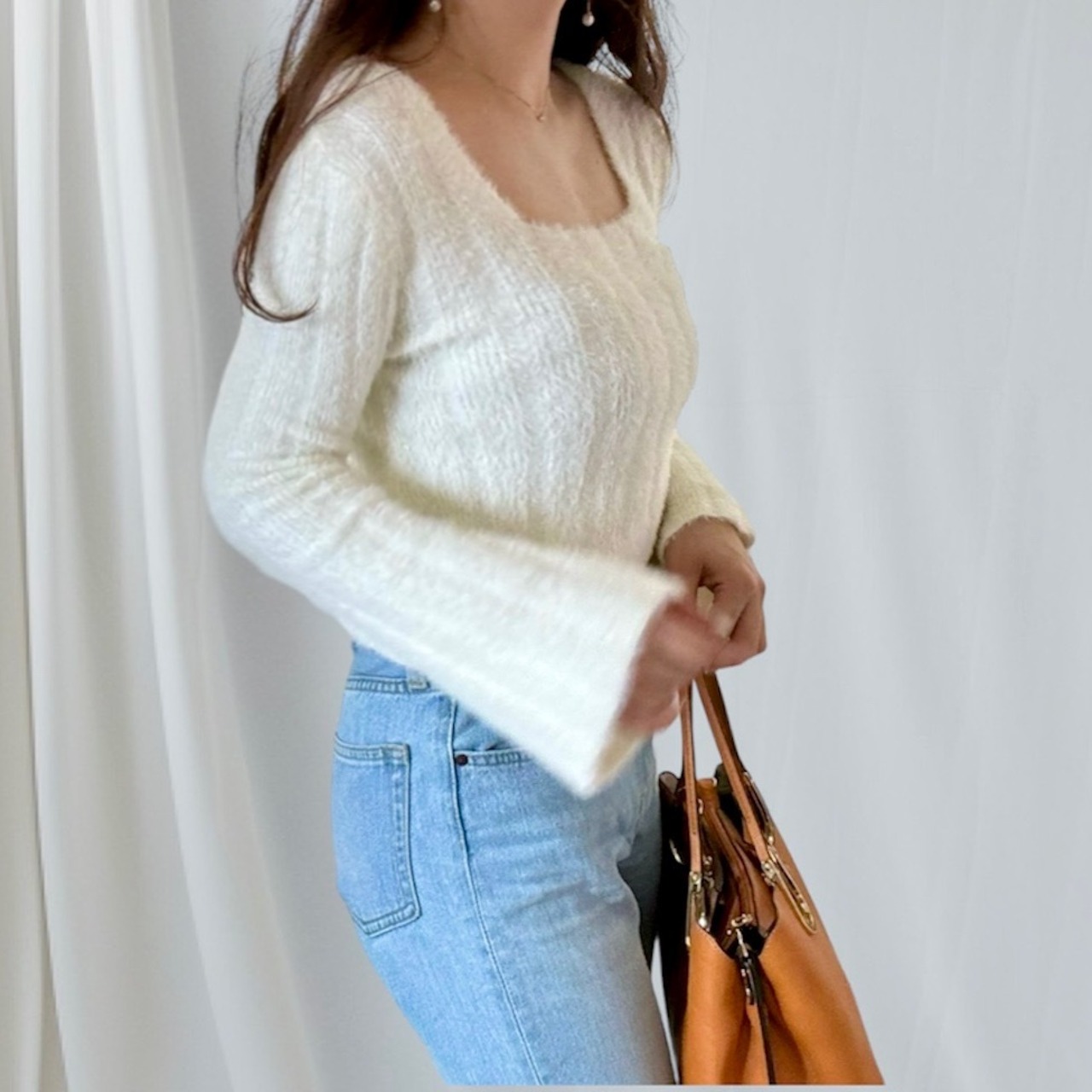 【即納】ミニ丈スクエアネックニット　ホワイト