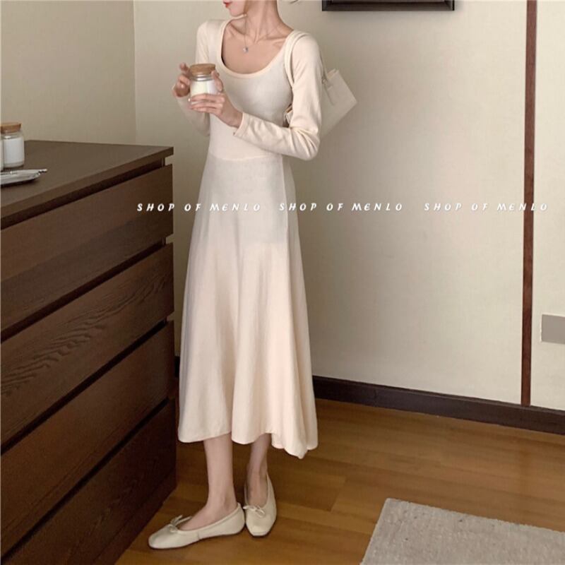 ニットボトミングスカート長袖ワンピース女性2020年秋冬新作ミドル丈スカートスクエアネック気質ウエストAラインスカート ブラックストロベリース10795668242