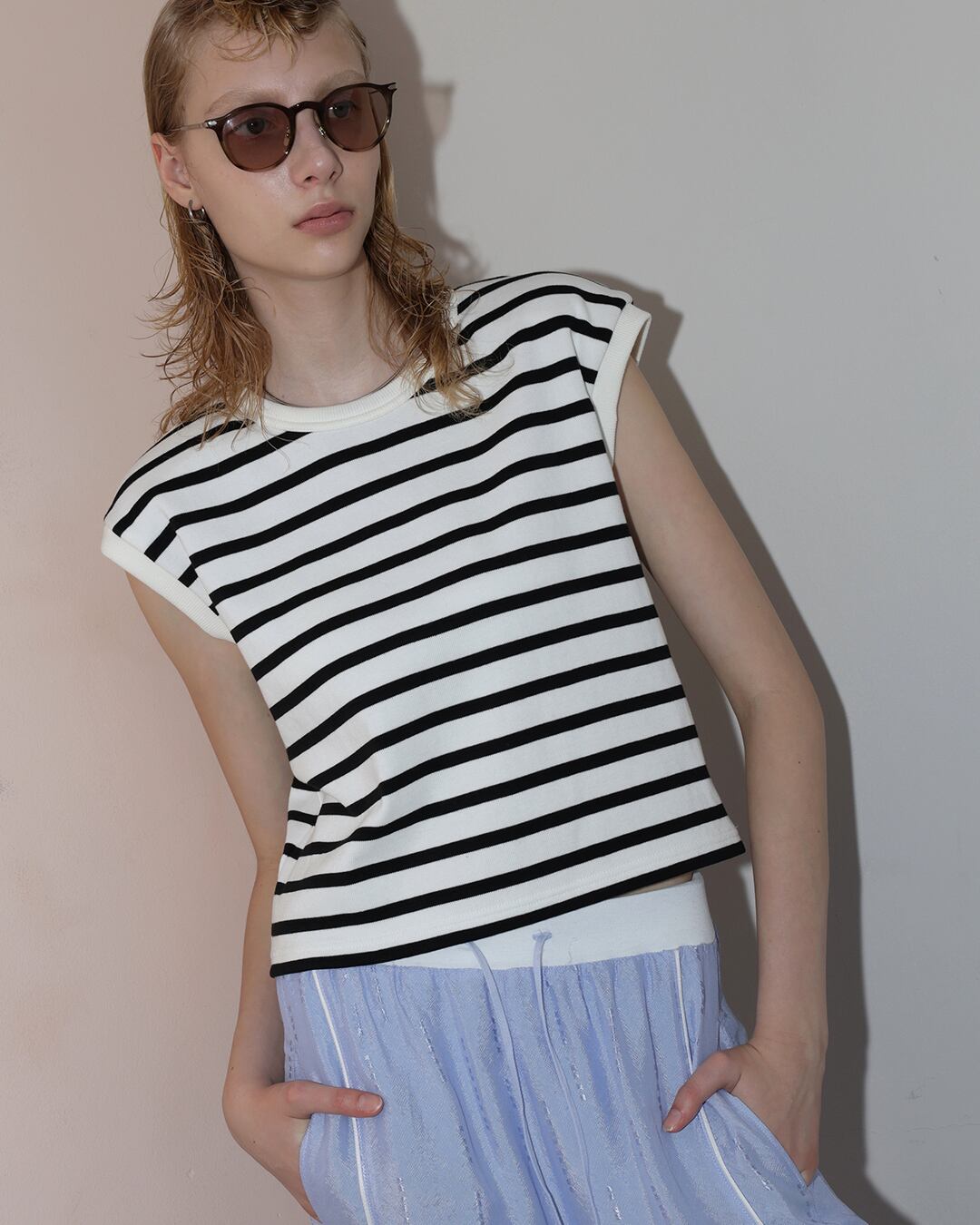 Border Knit Power Shoulder T