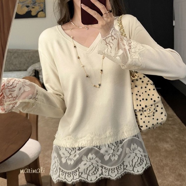 Vネック レース カットソー 2color 26433