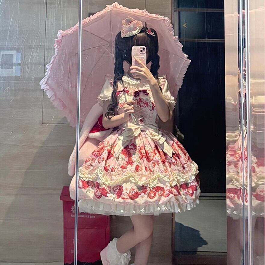 ロリータファッション 甘ロリ苺柄フリルワンピース | ロリィタデビュー