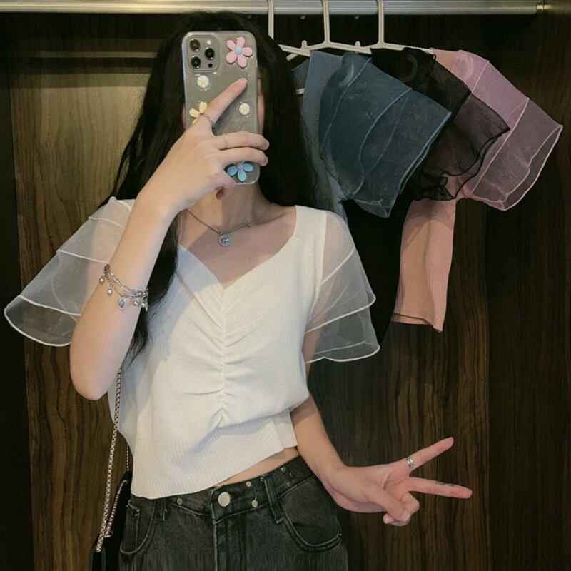 ニットセーター レディースサマー薄手スタイルメッシュショートプリーツVネックトップス 夏物 1号婦人15663795662