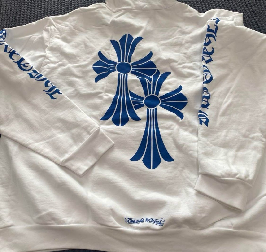 Chrome Hearts ホワイト フード付きパーカー 青い装飾 CHROME HEARTS クロムハーツ クロス モチーフ パーカー フーディー LA