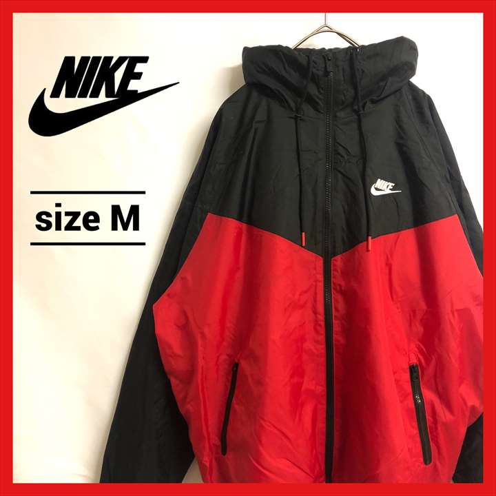 90s 古着 ナイキ NIKE ナイロンジャケット ワンポイントロゴ 赤 黒 ...