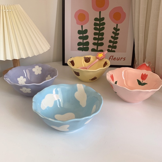 【BOWL】レトロ手作り花OR雲のセラミックボウル 全4色