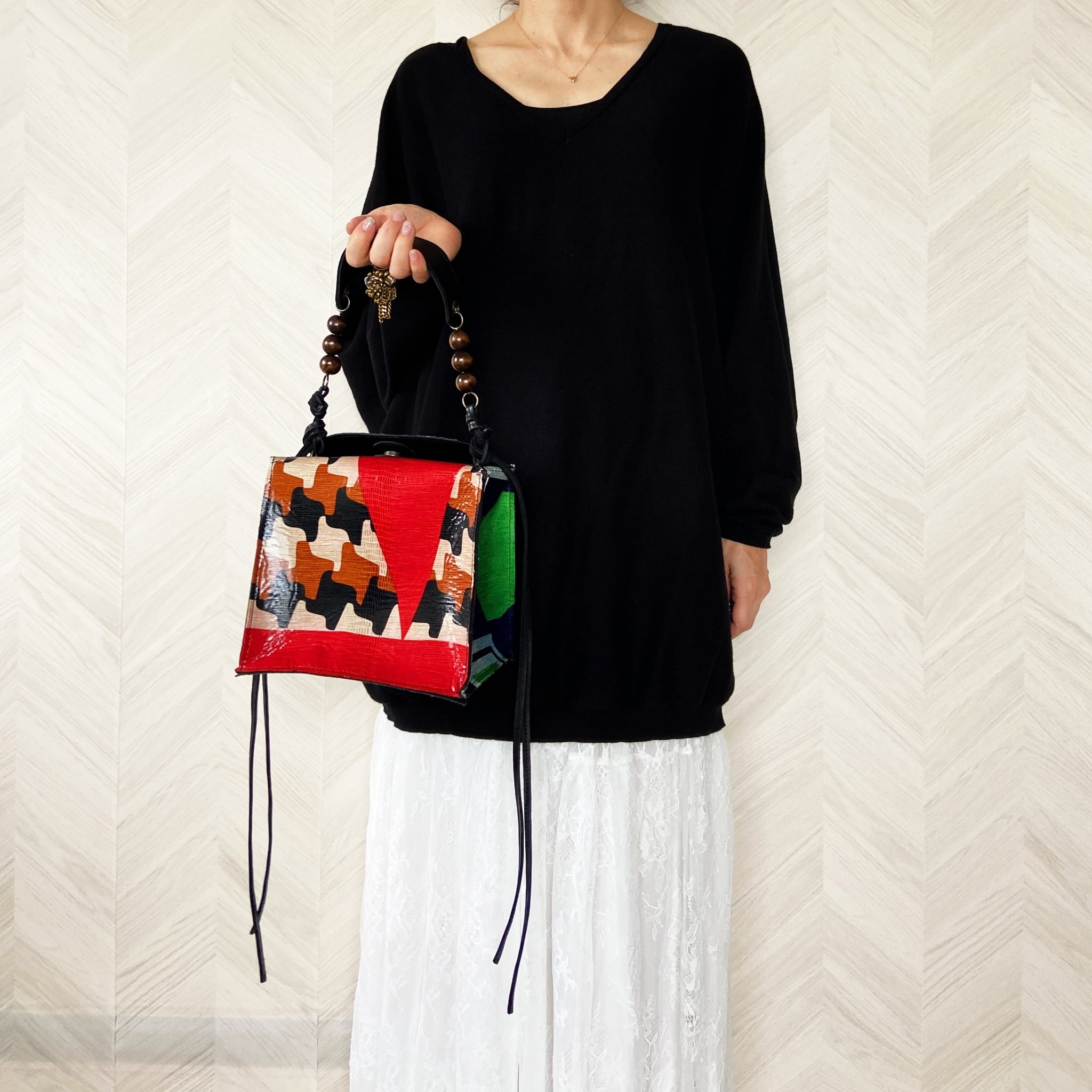 【1点もの】メロディスカーフ&革リバーシブル スクエア2waybag