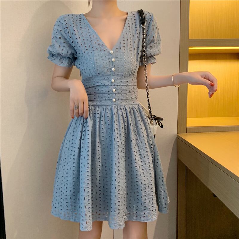 シックなVネックの小さな甘い気質のくぼんだウエストのバージョンウエスタンスタイルの細いAラインドレス女性2020年夏 YY-ファッション89787463345