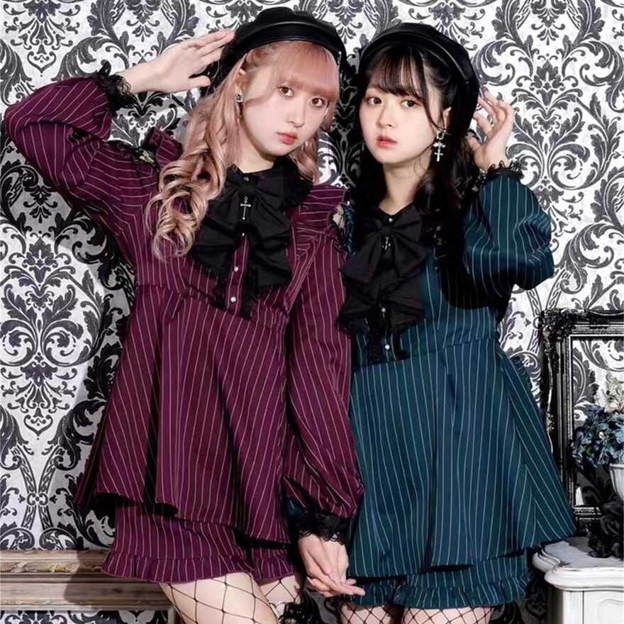 地雷系 セットアップ ストライプ柄 双子コーデ レース フリル｜天使と