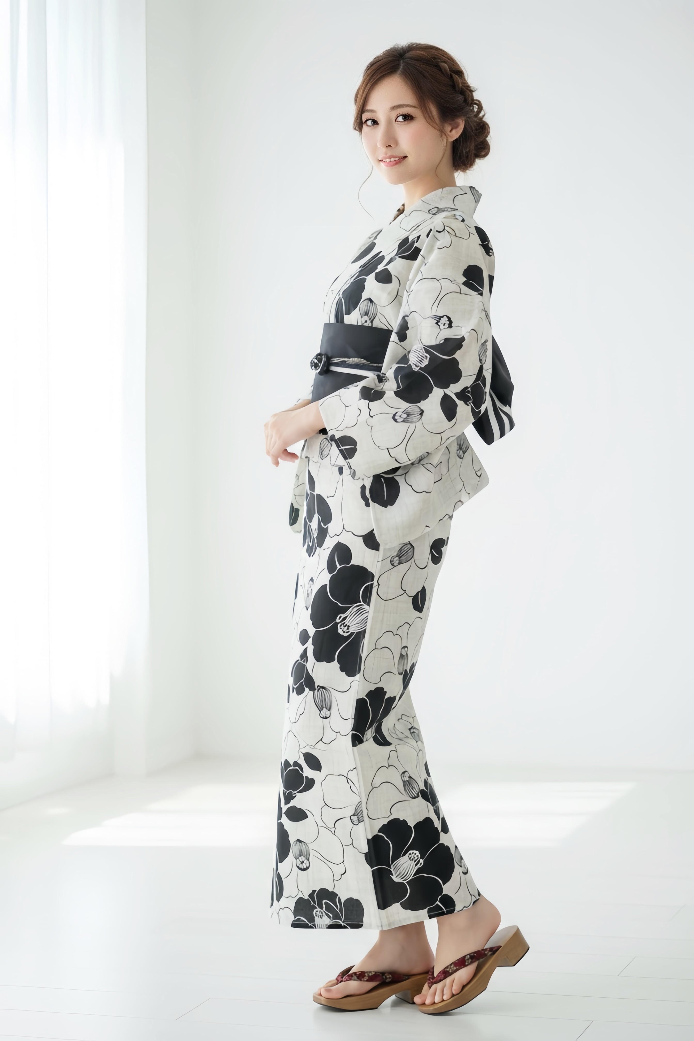 下駄なし 浴衣ジェンヌ 浴衣4点セット 黒 グレー 椿 ゆかた 綿 ゆかた 浴衣ジェンヌ 浴衣5点セット 生成り 椿 黒 綿 ゆかた 半幅帯 浴衣