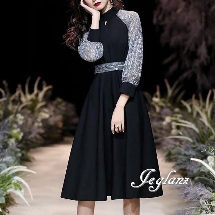 パーティドレス ワンピース 異素材 コンビ 共ベルト 7分袖 2色(M8997)ζ