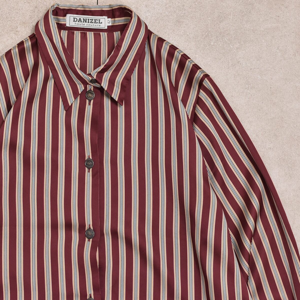 80~90s DANIZEL アニマルボタン ストライプ ポリシャツ ヨーロッパ古着 ヴィンテージ ビンテージ 長袖 オートクチュール レディースL相当
