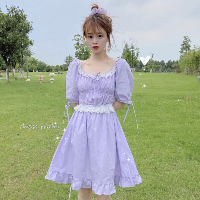 スタンダードカラースリーブウェストドレス オータムスタイル薄手スカート レトロ レース 秋物 スクウェア 萌量不足12571533261