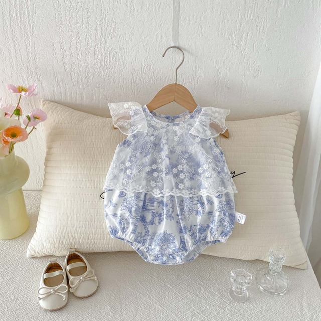 【BABY】水墨画風フラワーフリルレースロンパース - 1